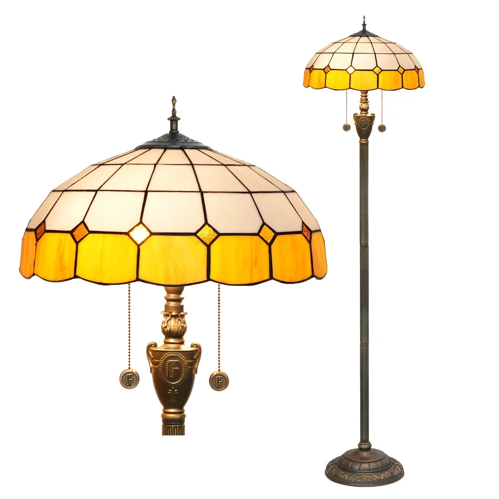 

Dia40cm Yellow White Plaid Art Stained Glass Lampshade Bar Decorative Soldering Light Living Room Bedroom Tiffany Floor Lamp