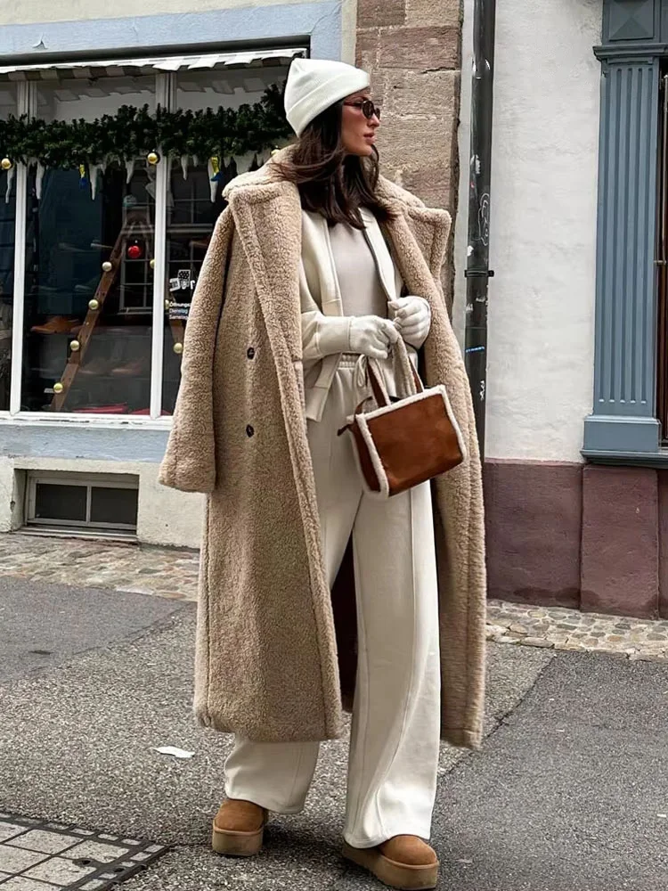 HH Women Vintage Wool Blend Long Coat Autumn Winter Lapel Chic Long Sleeve Double Breasted Big Jacket Female Street Overcoat