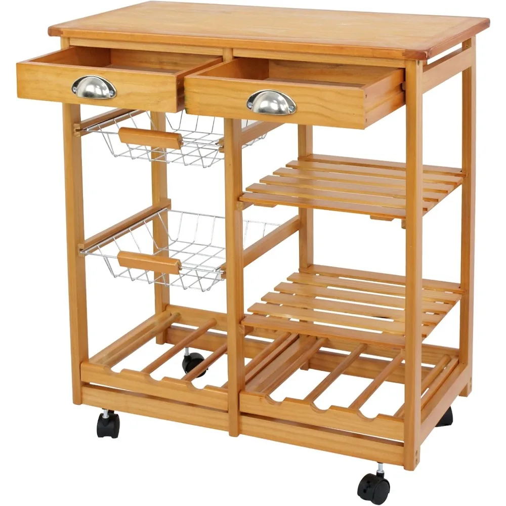 

Kitchen Island Cart with Storage, Rolling Side Table on Wheels with 2 Drawers, 3 Shelves, Lockable Casters for Dining Room