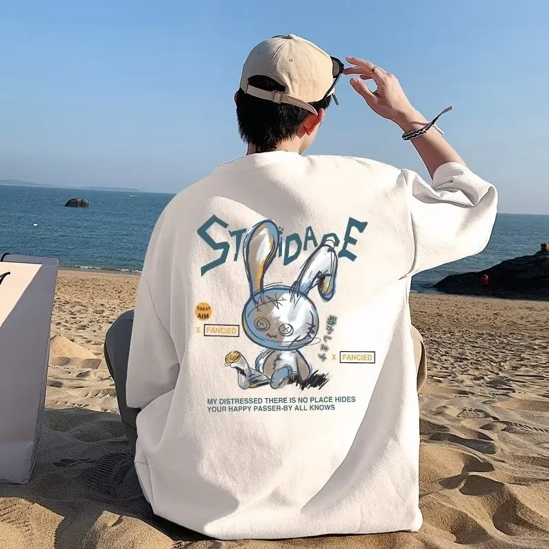 8XL Men Oversize Korean Fashion Loose American Love Puppet Rabbit Print Short Sleeve Round Neck Versatile Trend Couple outfit