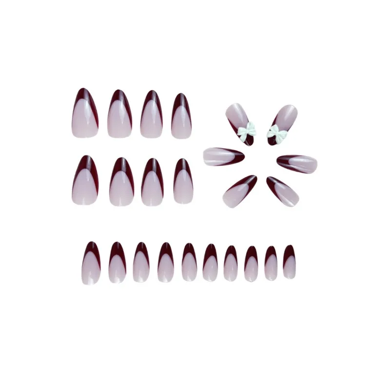 24pcs Red French 3d Bow Cute Press On Nails Set Short Almond Medium Nail Tips False Nail With Tools Woman Summer Removable