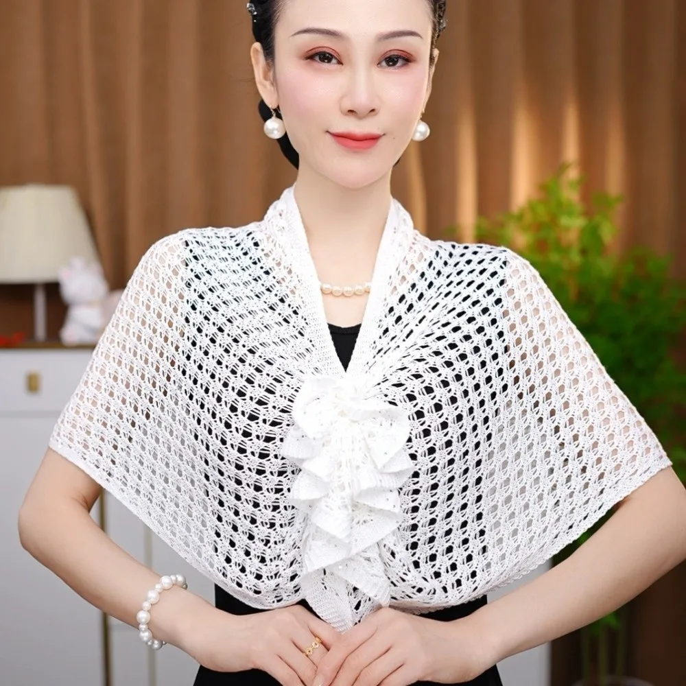 Sparkly Design Hollow Out Cardigan Front Buckle Design Short Sleeve Ice Silk Wrap Floral Pattern Cotton Material Triangle Shawl view 3