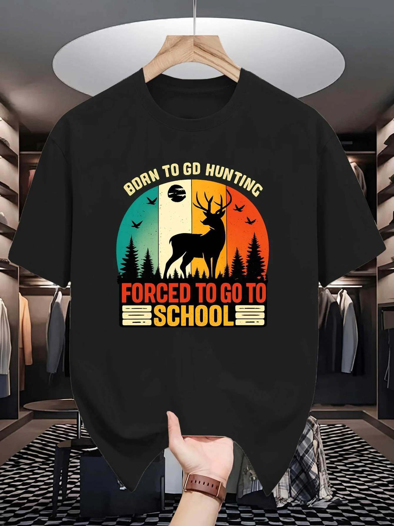Mens Crew Neck T Shirt Funny Hunting Slogan Retro Deer Forest Sunset Graphic Short Sleeve Casual Cotton Outdoor Hobby Summer Top