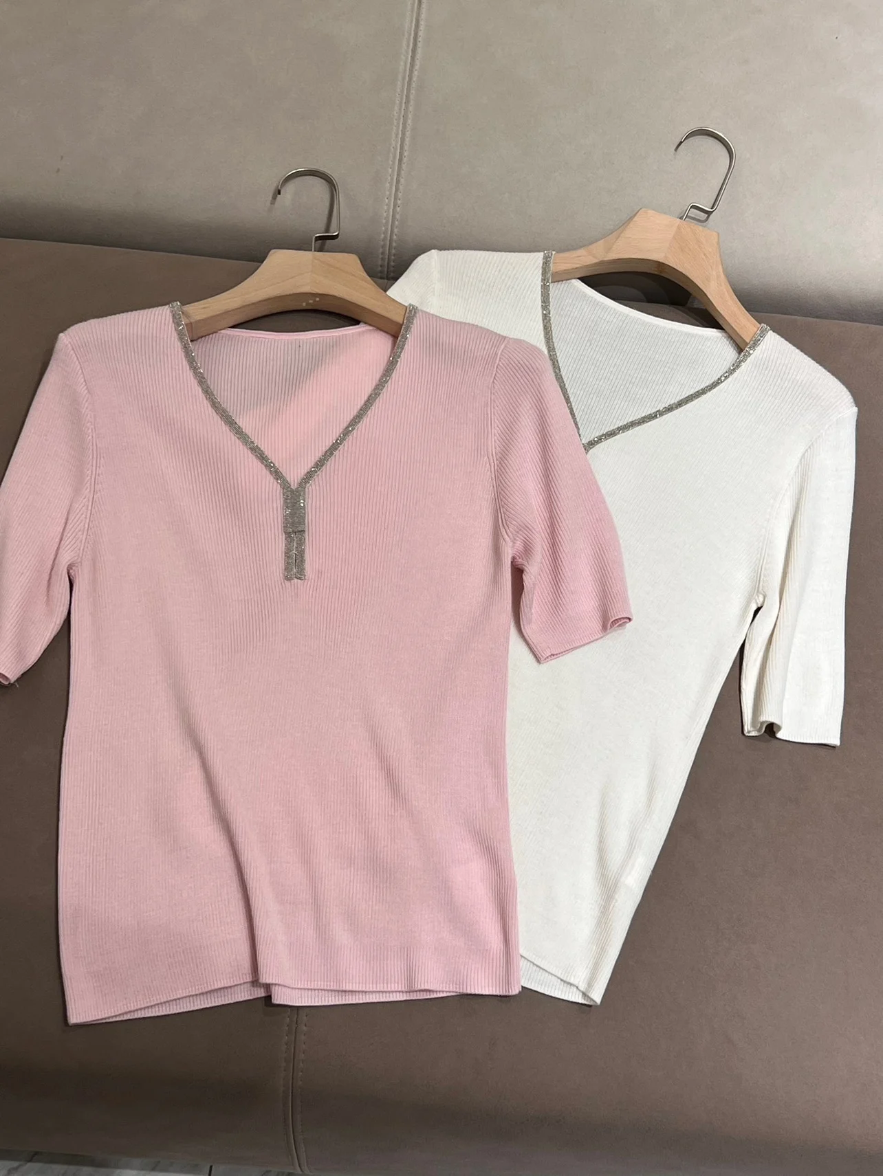 T-shirt manches courtes col en V pour femme, haut en laine JOWool, vêtements décontractés, été