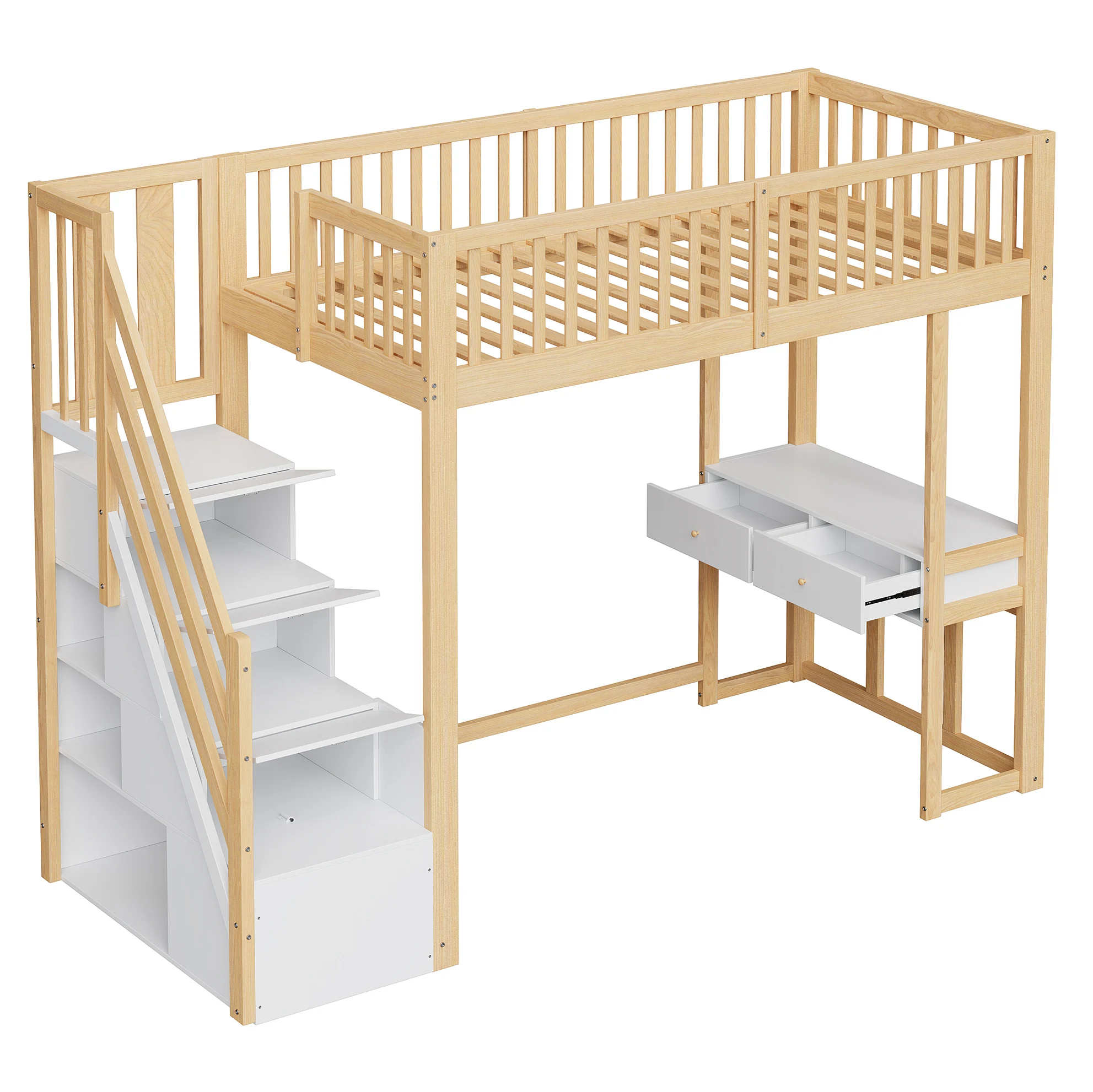 90x200 Witte Grenen Loftbed met Multifunctioneel Bureau en Veilige Opbergtrap voor Kinderen en Tieners