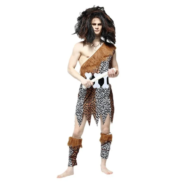 Adult Men's Wild Man Costume loween Cosplay Masquerade Performance Leopard Print Outfit Traditional Ethnic Stage Costume