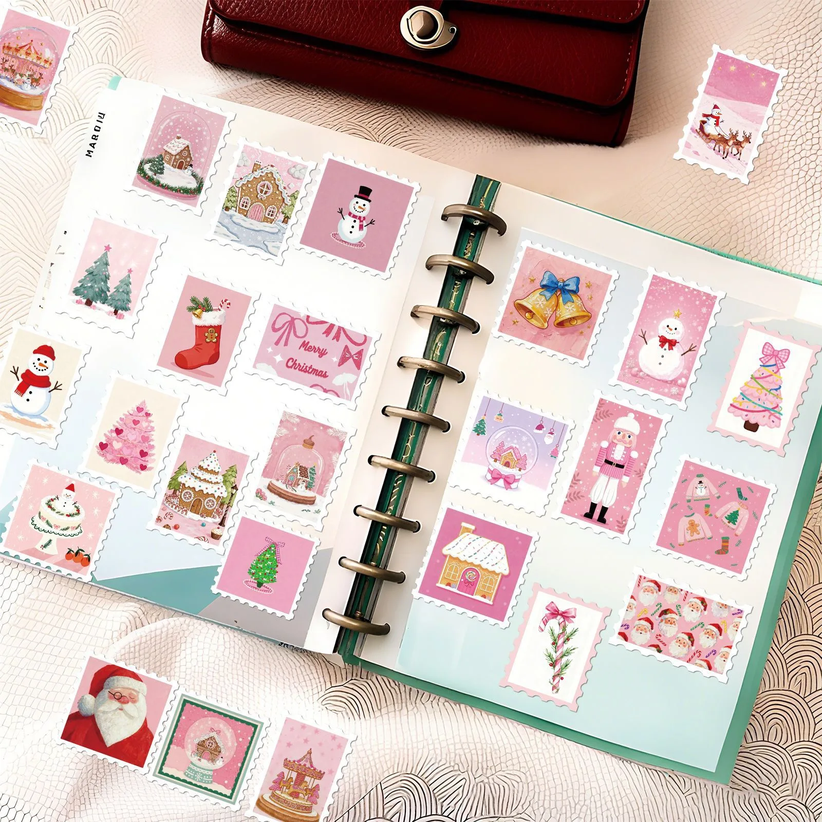 10/50 قطعة الرجعية الوردي سانتا كلوز عيد الميلاد Stamps ملصقات الجمالية السنة الجديدة الهاتف حقيبة الديكور الشارات الاطفال اللعب الهدايا
