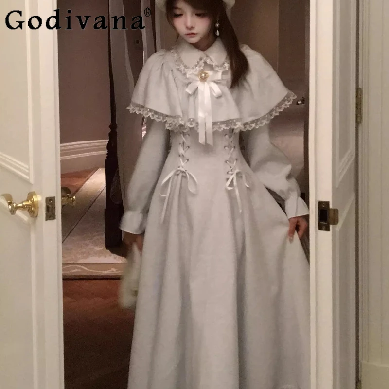 

Original New Gentle and Clear Style Cape Dress Female Autumn Winter Thickened Dress Women's Japanese Lolita Long Dress