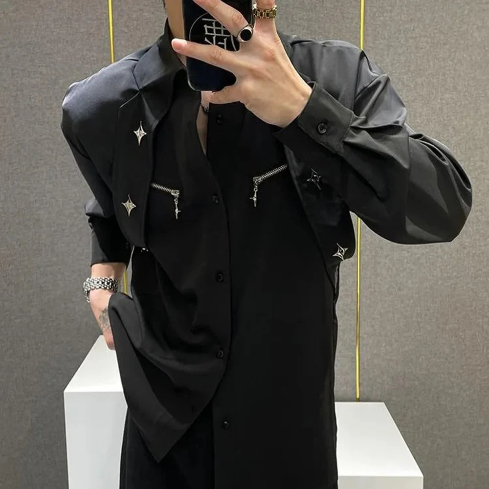 Mens Y2k Shirt Metallic Ribbon Casual Spring Street Fashion Nightclub Stage Outdoor Versatile Niche Top Men'S Clothing 2026 New
