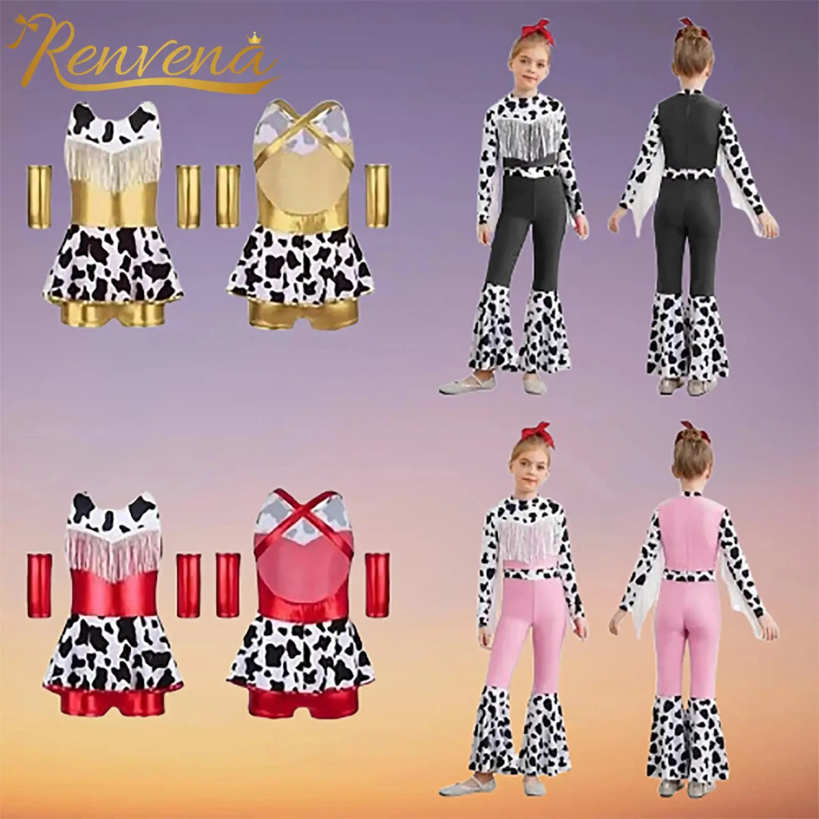 Kids Girls Cosplay Cow Outfits Western Cowgirl Costume Metallic Dress for Christmas Halloween Themed Party Performance Outfits