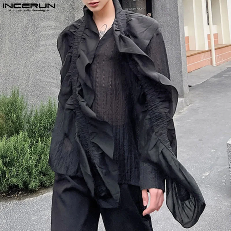 Handsome Well Fitting Tops INCERUN Men Ruffled Ribbon Shirts Fashion Solid Hollow Slightly Transparent Long Sleeved Blouse S-5XL