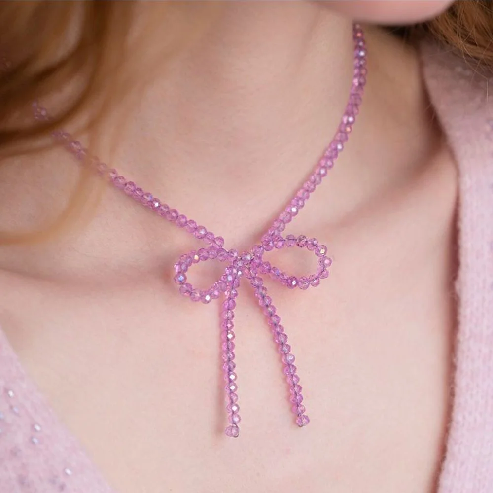 One Piece Fashion Exquisite Butterfly Bow Knot Y2K Sweet Pink Color Beaded Necklace Woman Daily Party Gift Daily Jewelry