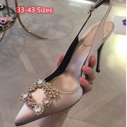 Kobiety Cienkie obcasy 7cm/9cm Obcas Slingback Pasek z tyłu Sandały na wesele Kryształowa kolorowa klamra Jedwabne plamy Buty Pointy Toe 33-43