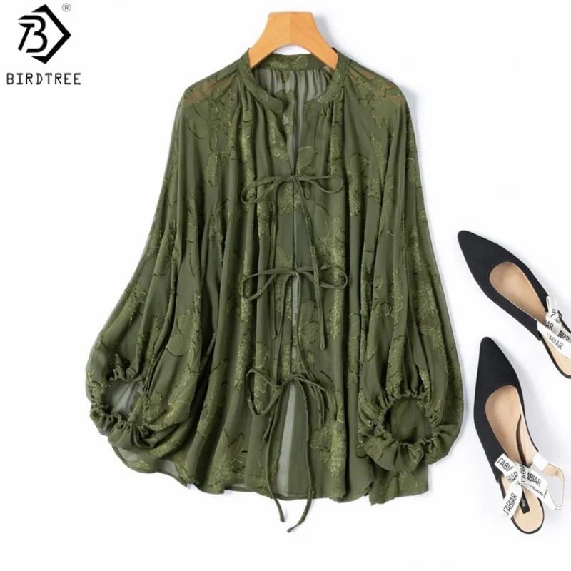 Birdtree, 100% Silk Sheer Blouse, O-neck Lantern Sleeve Cardigan, Women Cutwork Voile Bow Sun Protection Tops, 2026 New T66211JF