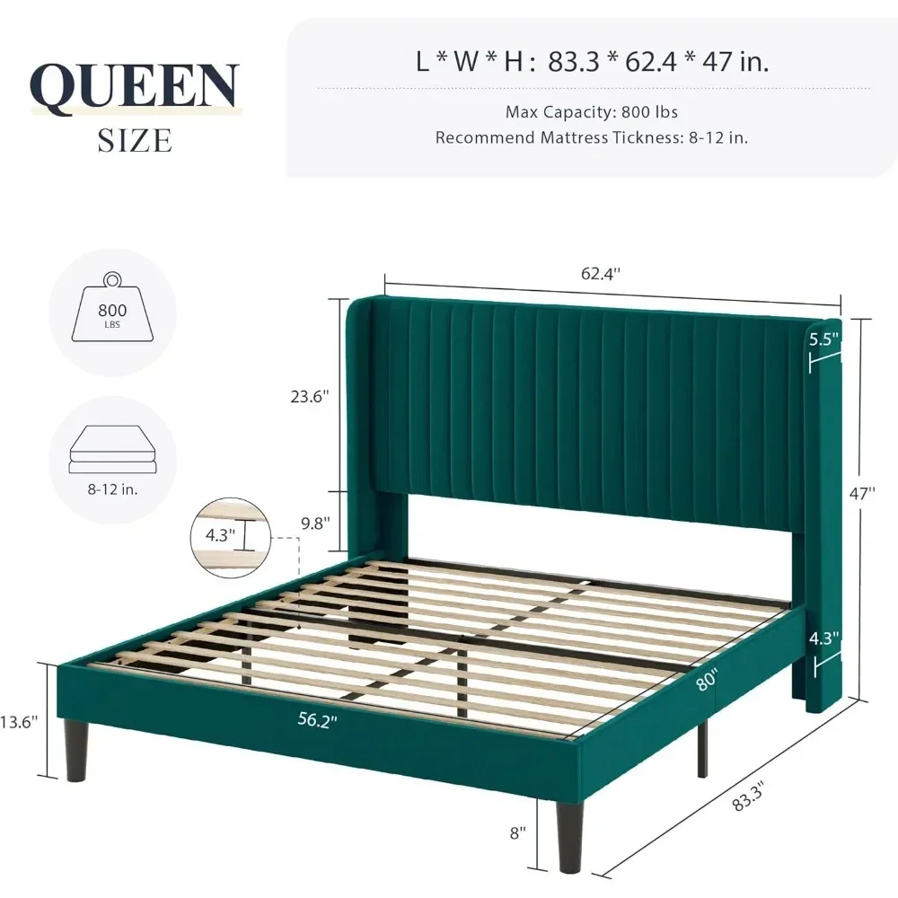 Queen Size Bed Frame/Velvet Upholstered Platform Bed/Vertical Channel Tufted Wingback Headboard/Strong Wooden Slats/No Box