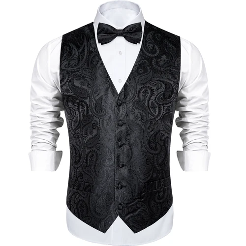 Imagen 2 del producto Chaleco de traje de Cachemira liso negro para hombre con corbata, pajarita, pañuelo, gemelos, chaleco Formal para esmoquin de boda y graduación