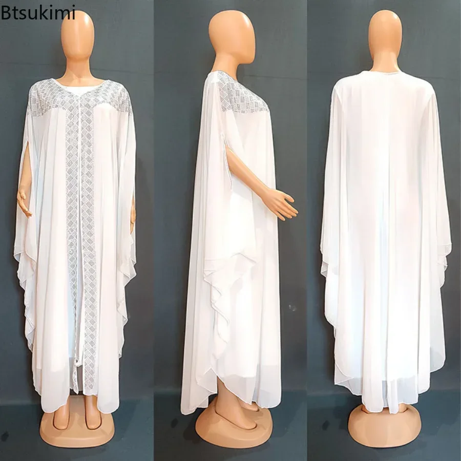 Luxury Rhinestones African Dress for Women Kaftan Africa Clothing Ramadan Robe Chiffon Long Dress Islam Muslim Abaya 2 Piece Set