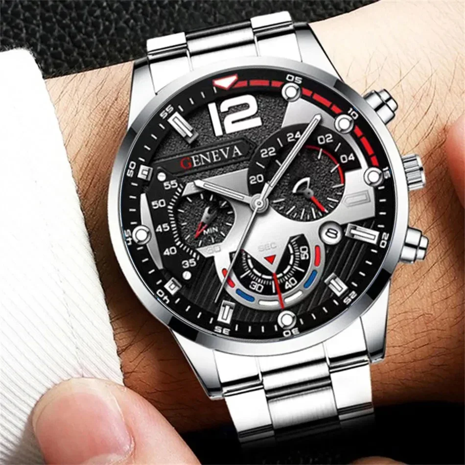 3PCS Set Fashion Mens Business Watches Men Casual Silver Bracelet Necklace Stainless Steel Quartz Wrist Watch Relogio Masculino