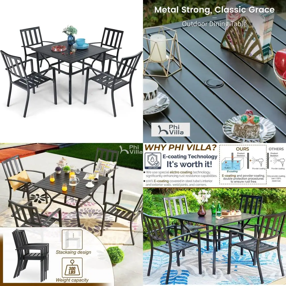 

5-Piece Outdoor Dining Set for 4 with 37 Square Metal Table and Stackable Steel Chairs