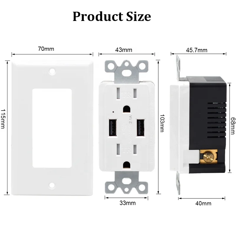 USB Outlet 15A 125V US duplex receptacle 2 AC outlet power socket with 2 USB port 4.2A USB Outlet Wall Socket