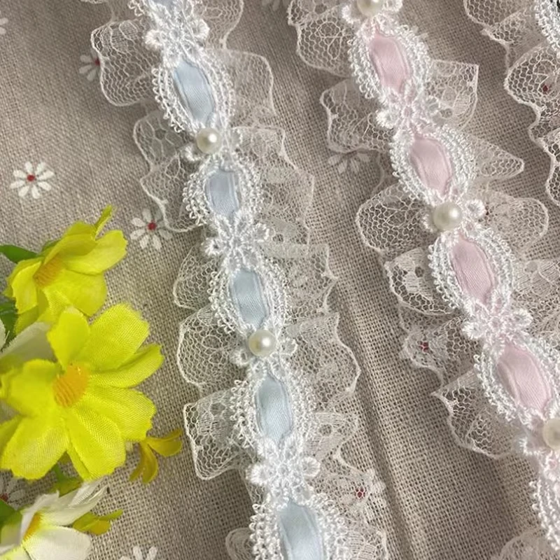 Adorno de encaje de Lolita de 1 yarda con cuentas de marfil, cinta de satén con volantes de 3cm de ancho para ropa DIY, vestido, cortina, decoración de muebles