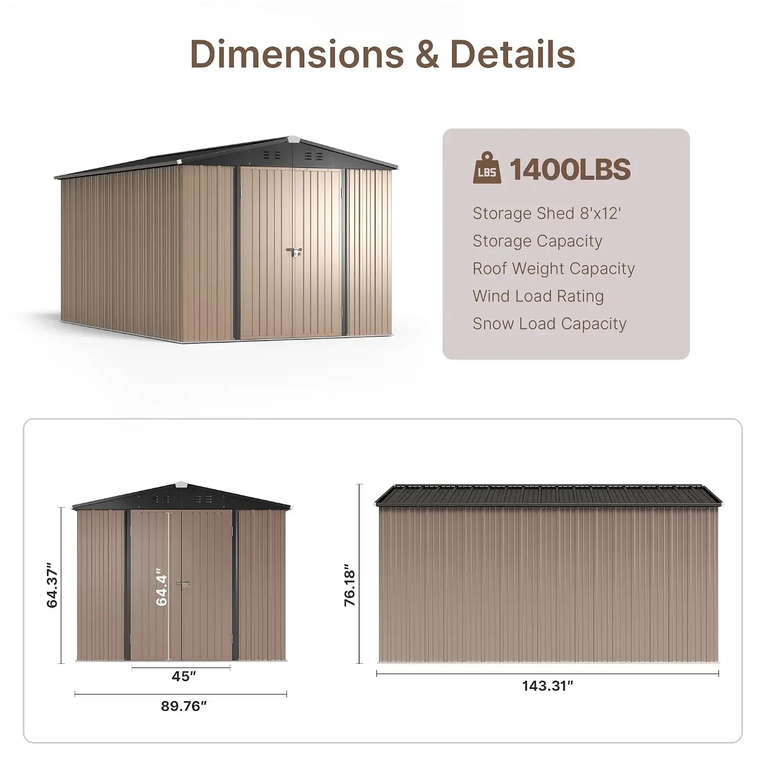 8x12 FT Heavy-Duty Metal Outdoor Storage Shed, Light Brown, Customized
