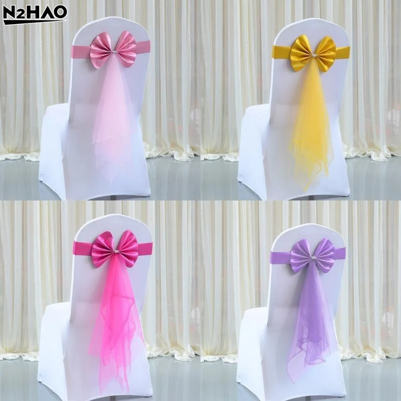 Chair Back Decoration Elegant Stretch Chair Bow Organza Ribbon Chair Decor For Birthday Hotel Wedding Accessories