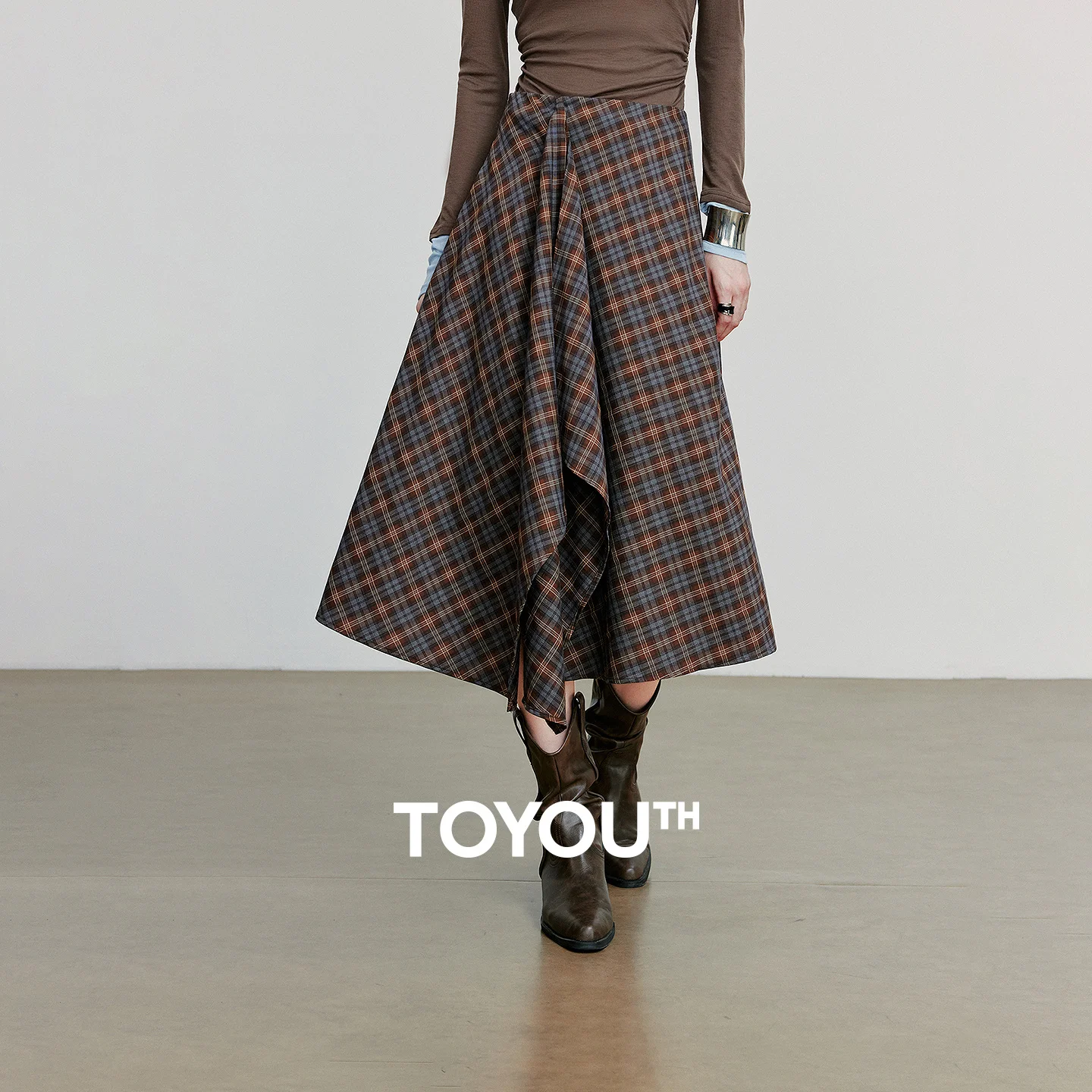 TOYOUTH Women Ankle Length Skirt 2025 Autumn New Wave Style Retro Grid A Line Irregular Umbrella Skirt