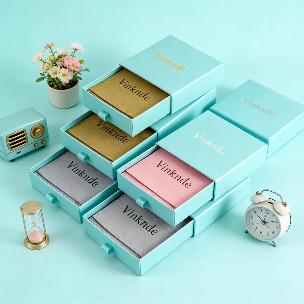 

50Pcs/Lot Custom Logo Blue Jewelry Drawer Slider Boxes Ring Earring Necklace Carton Present Gift Box Case Microfiber Suede Bag