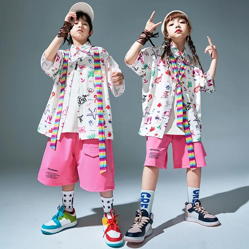 Kids Hip Hop Clothes Sets Graffiti Print Short Sleeve Shirt + Pink Shorts Boys Street Dance Costume Girls Jazz Performance Suit