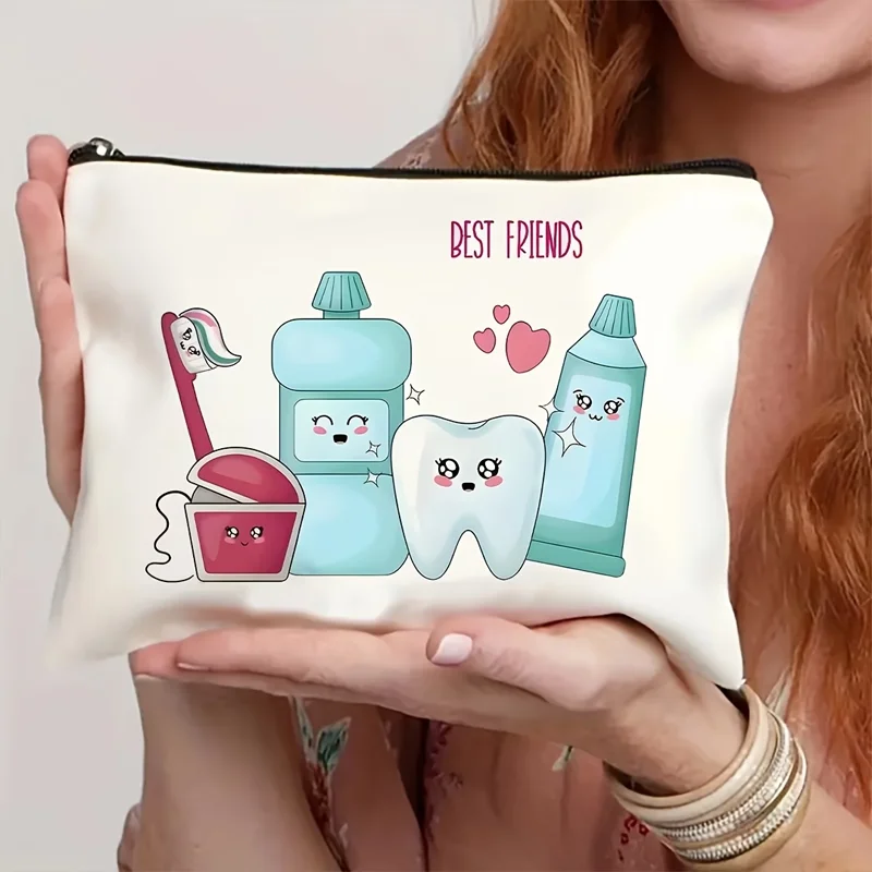 1Pc Dental Care Makeup Bag with Toothbrush & Tube Print, Unisex Zipper Oral‑hygiene Pouch for Gym, Trips and On‑the‑go Use