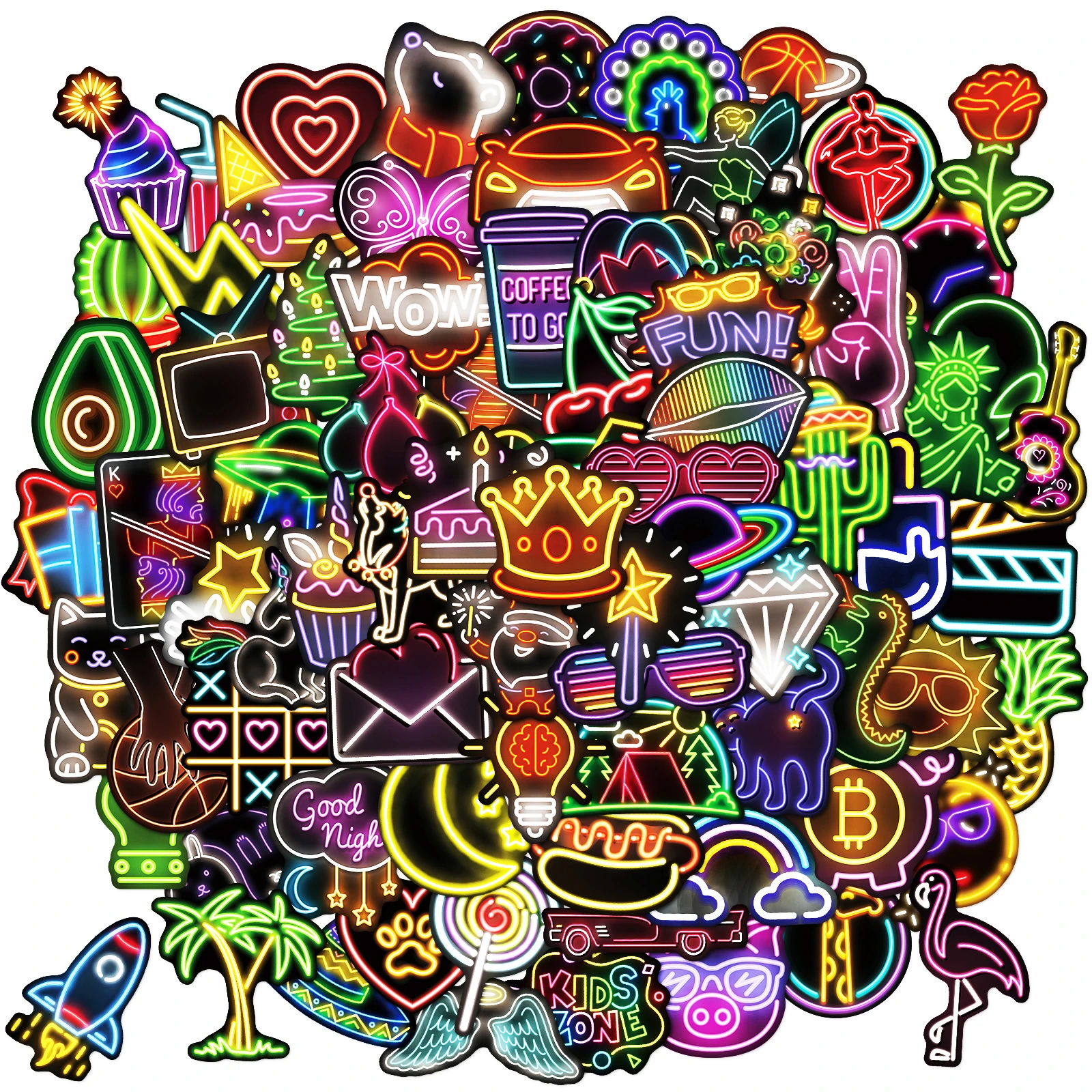 80PCS Kawaii Neon Light Sticky PVC Sticker Phone Aesthetic DIY Decoration Scrapbooking Hand Accounting Supplies for Teens