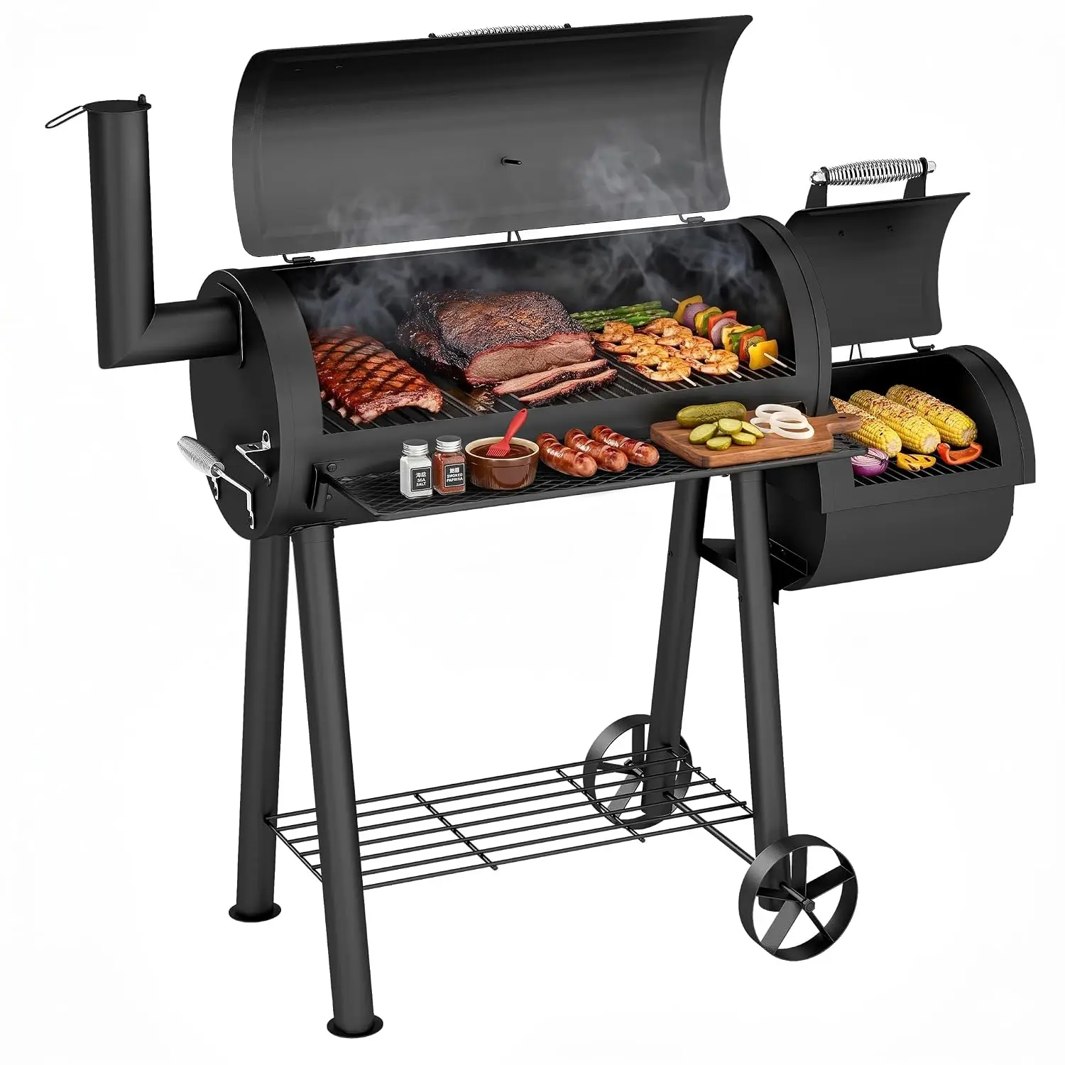 Barrel Charcoal Grill Smoker 512 SQ.IN. Thermometer Adjustable Vent Porcelain Grates Foldable Shelf BBQ, Customized