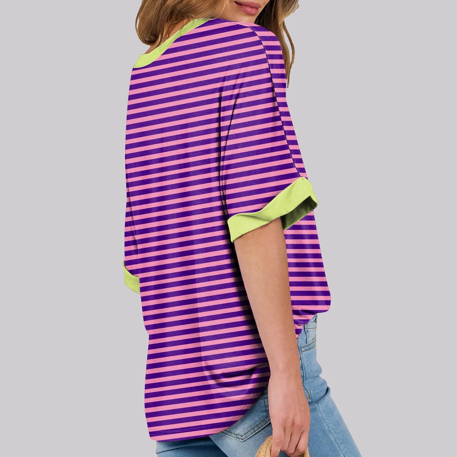 

Women Loose Oversize Sweatshirt Gradient Striped Printing Top Rround Neck Shoulder Length Short Sleeved T-Shirt Roupas Femininas