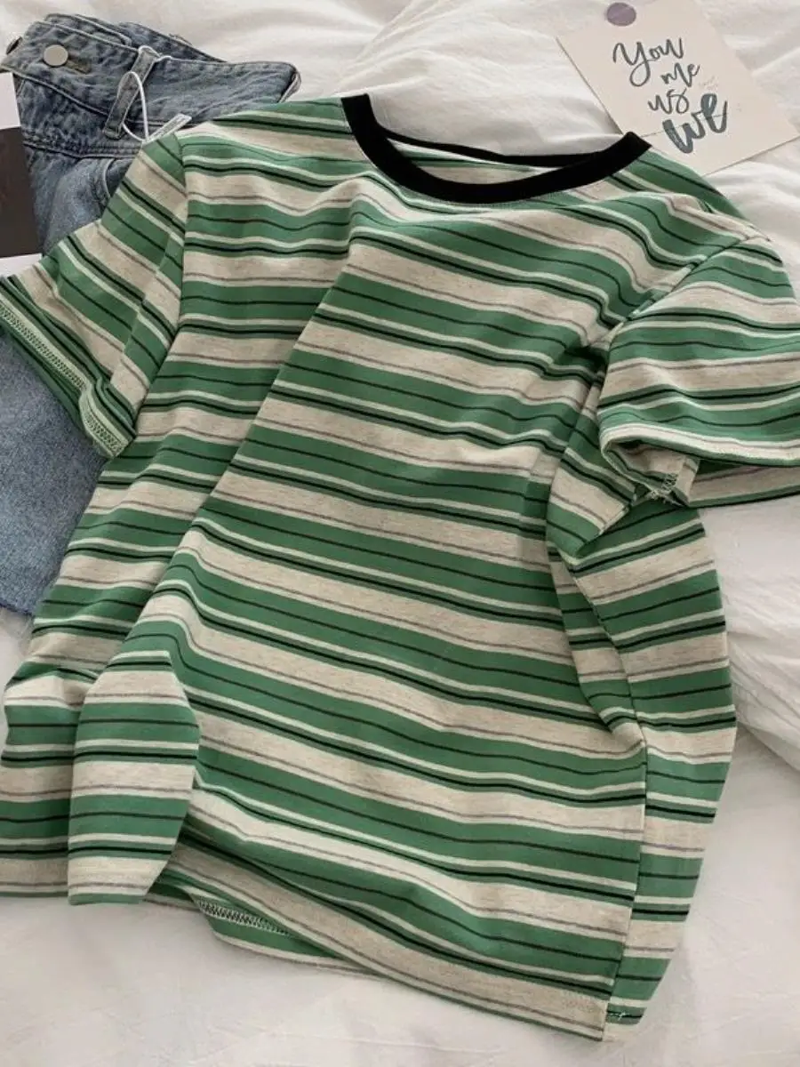 Green Striped Short Sleeve T-Shirt Women's Retro American Style Unique Small Audience Shoulder T-shirt Casual Daily Wear