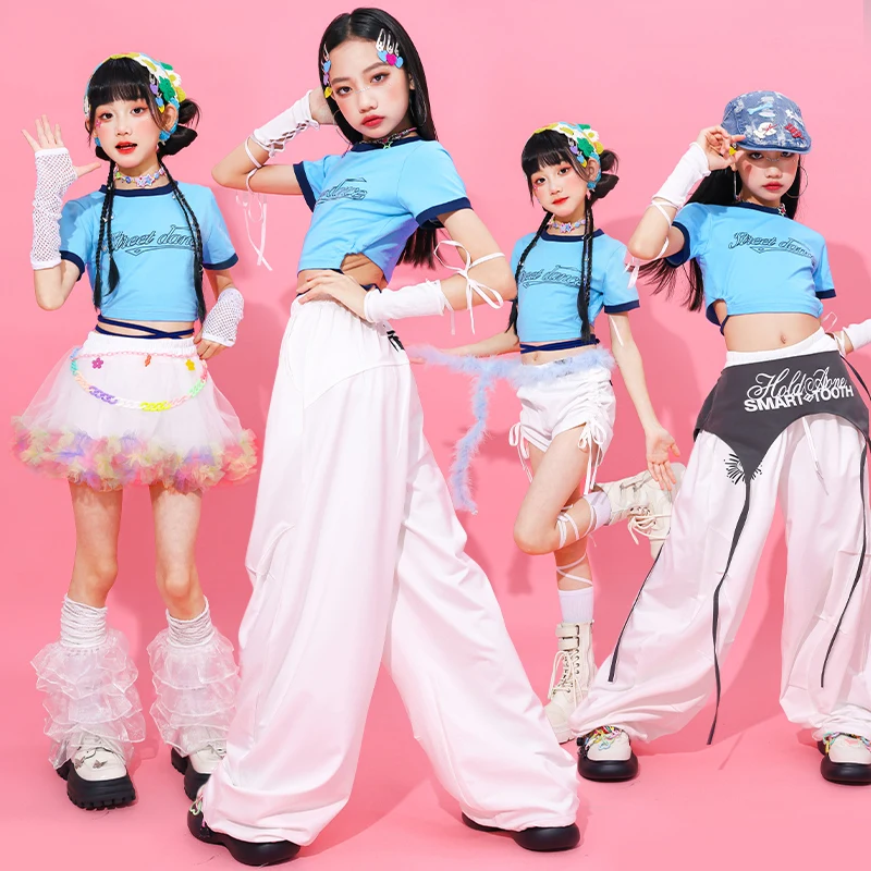Ragazze Hip Hop Blu Crop Top Gonne a strati Bambini K-pop Streetwear Bambini Jazz Girl Group Costume Teen Street Dance Set di vestiti