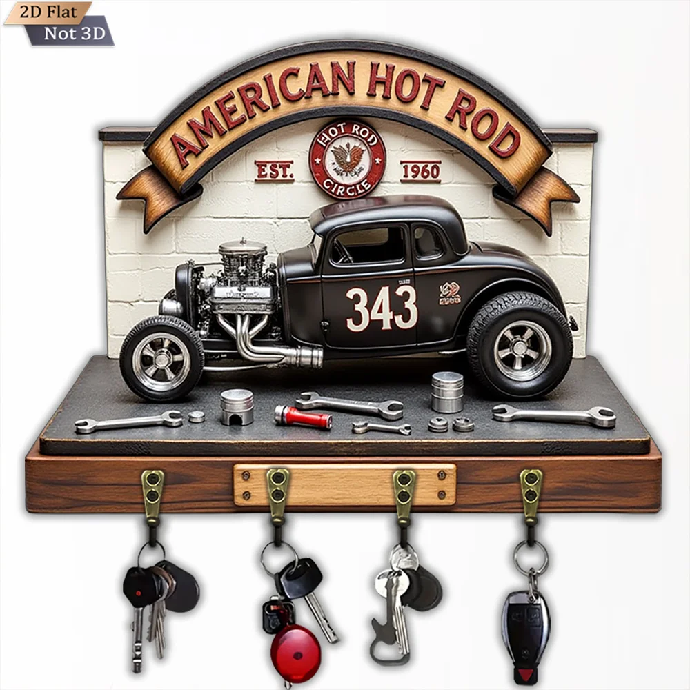 2D Flat Design, a Mounted American Hot Cone Car Key Hook, Wooden Multifunctional Home Door Key Hook with Four Metal Hooks, Wall