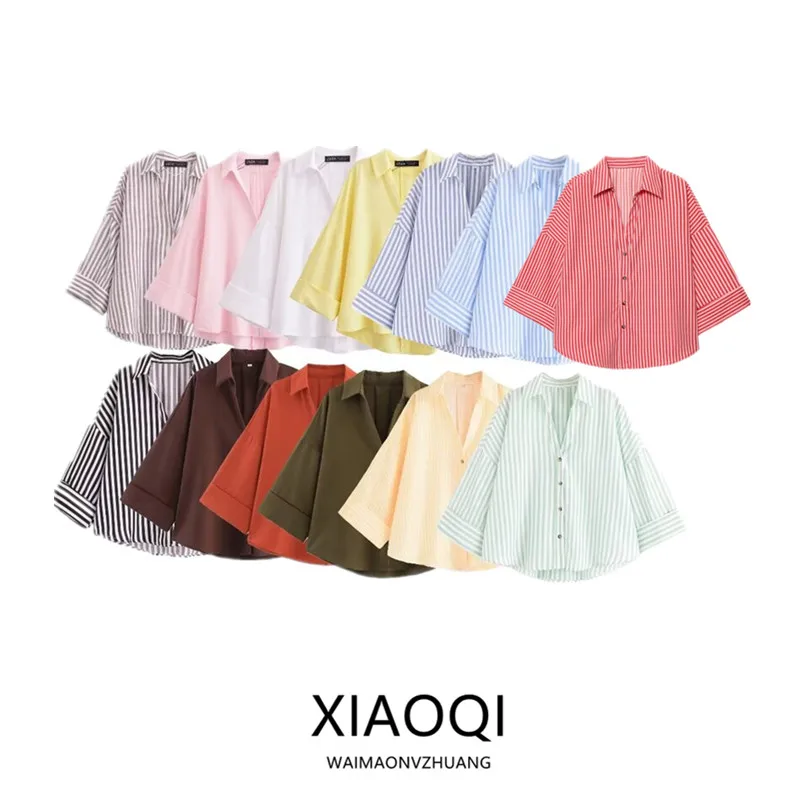 

Весна 2023, женская удобная широкая блузка све, смешанная льняная мода, Новое поступление, свободный крой, длинная полосатая блузка све