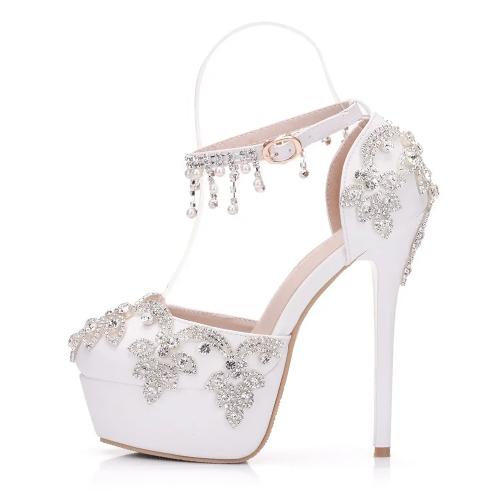 2024 Women Summer Sandals White Round Toe Bridal Wedding Women High Heels Dress Shoes Rhinestone Ankle Straps