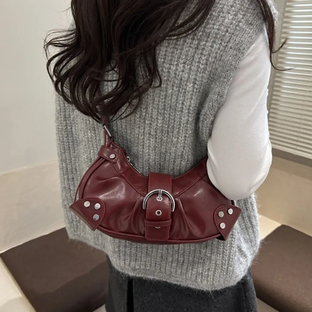 Fashion Solid Color Buckle Underarm Bag Pleated Pu Leather Y2k Shoulder Bag Crossbody Bag Gothic Spicy Girl Handbag Travel