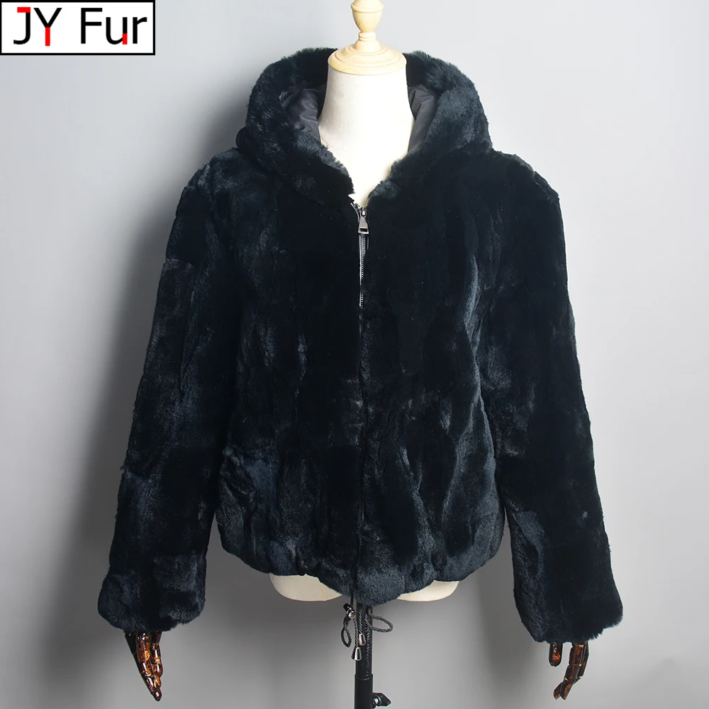 New Women Winter Warm Lady 100% Natural Rex Rabbit Fur Hooded Coats Real Rex Rabbit Fur Jackets Hot Genuine Fur Overcoat