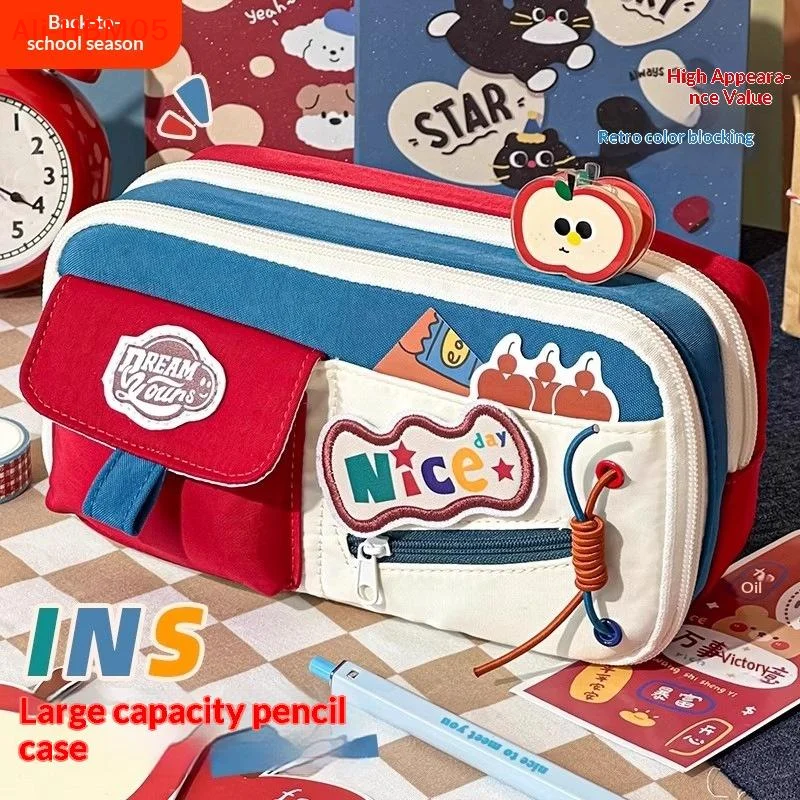 (HB05)Classic American Pencil Case Retro High Aesthetic Pencil Case Large Capacity Multiple Patterns Stationery Box For Students