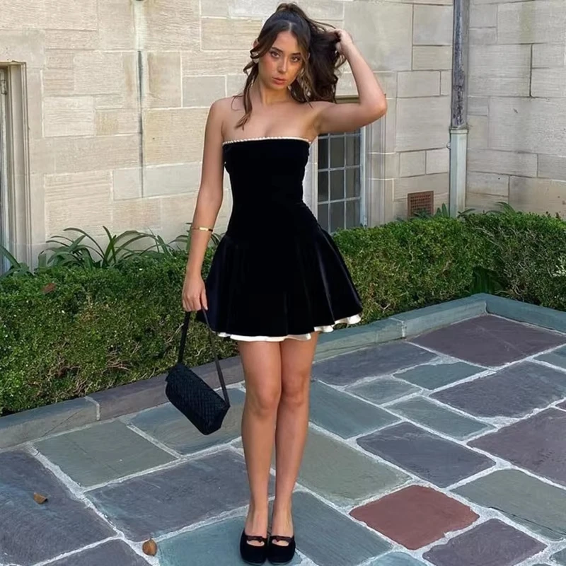 PuTao Strapless A-Line Mini Black HOCO Dress Black Velvet Short Cocktail Party Dresses For Women Chic And Luxury Birthday Dress