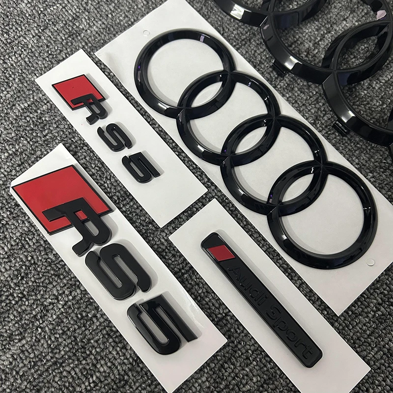 AUDI RS5 2016-2020 2PCS 4Ring logo ABS Black Car Hood Front Grill Emblem Rear Trunk Badge Sticker 2P RS5 1P AUDI Sport  Emblem