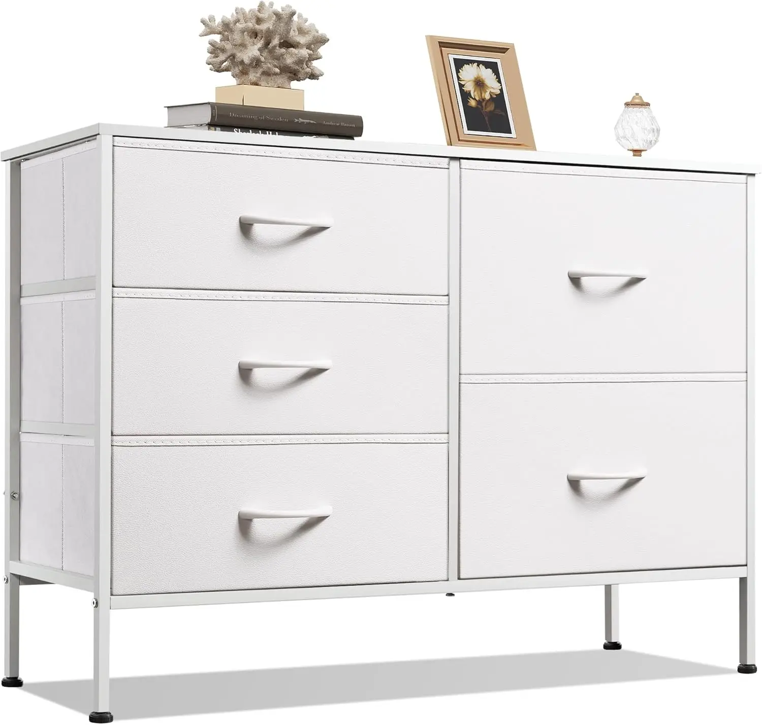 

White Dresser for Bedroom with 5 Drawers Fabric Dresser for Living Room Wide Chest of Drawers for Bedroom Closet Hallway White