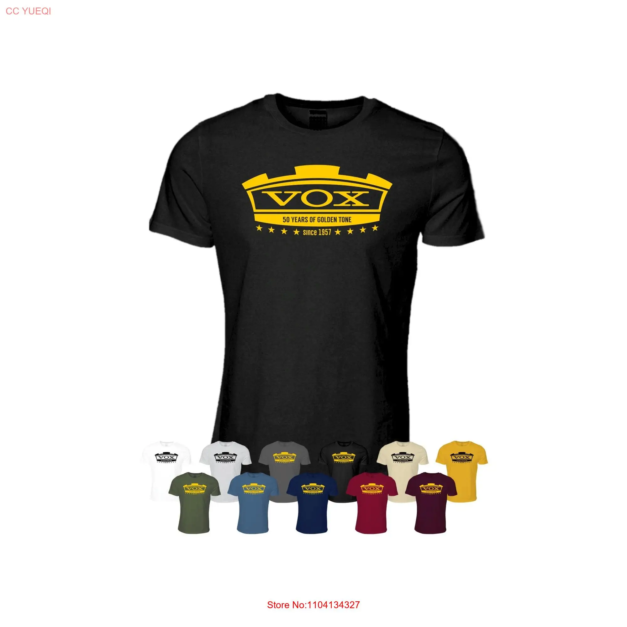 Vox Amplification T Shirt Guitar Gold Tone Mens Band Rock Music Top long or short sleeves