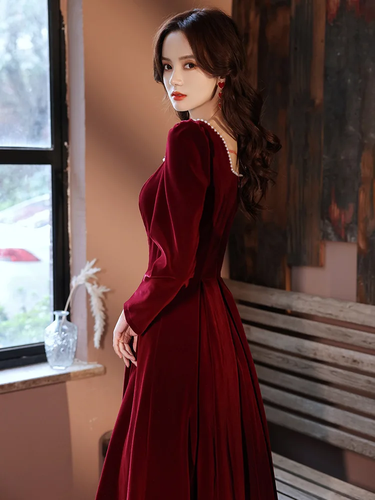 2022 New Chiense Prom Dress Burgundy Cheongsam Velvet Dresses Sexy Gown Princess Evening Party Velour Qipao Pleated Vestidos