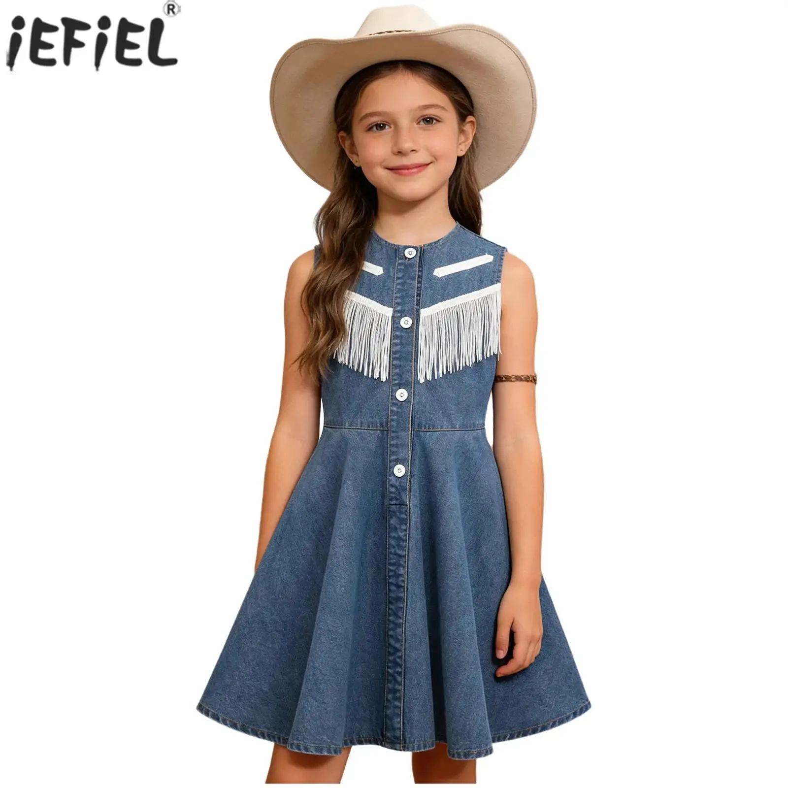 Kids Girls Western Cowgirl Costume Sleeveless Button Tassel A-Line Denim Dress Halloween Cowboy Theme Party Dress Up Streetwear