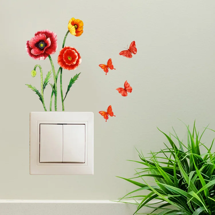 Blumen- und Schmetterlings-Schalteraufkleber für Wohnzimmer, Schlafzimmer, Dekoration, Wandbild, selbstklebende Heimdekoration, Tapeten-Wandaufkleber – Detail 4