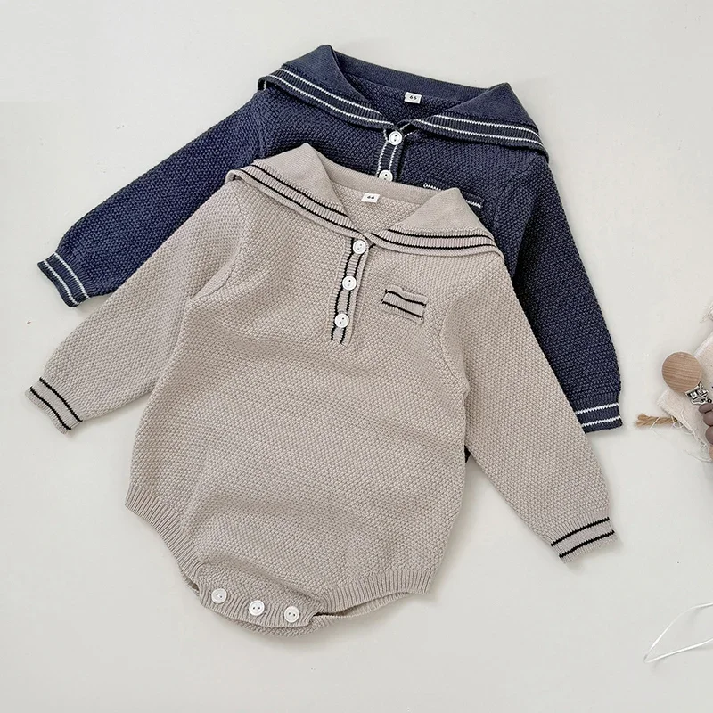 جديد ربيع 2026 بدلة قفز محبوكة للأطفال الأولاد والبنات بياقة بحرية وأكمام طويلة ملابس أطفال حديثي الولادة 0-24 متر ملابس أطفال #3
